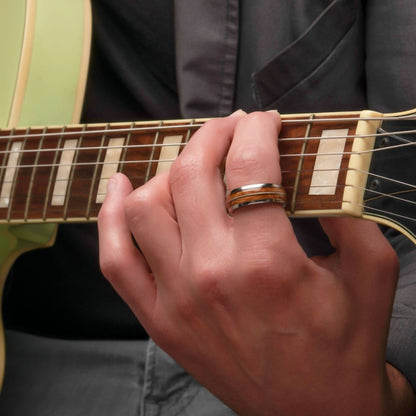 Men's Titanium & Whiskey Barrel Wood Inlay with Embedded Guitar String Comfort Fit Ring