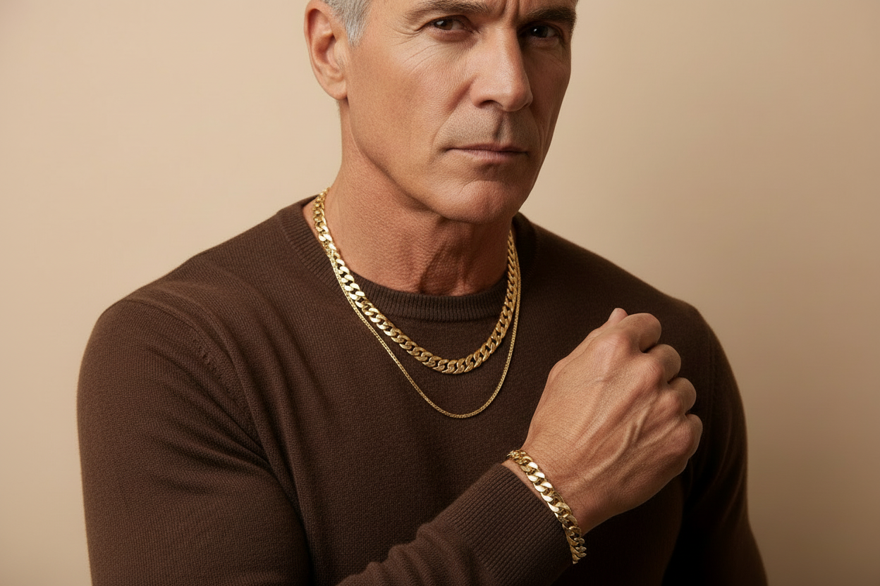 Handsome man in his 60s with scruff wearing gold jewelry