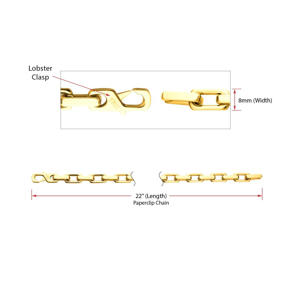 Mens Polished 18Kt Gold IP Steel Paperclip Chain Heavy Link Necklace 8mm