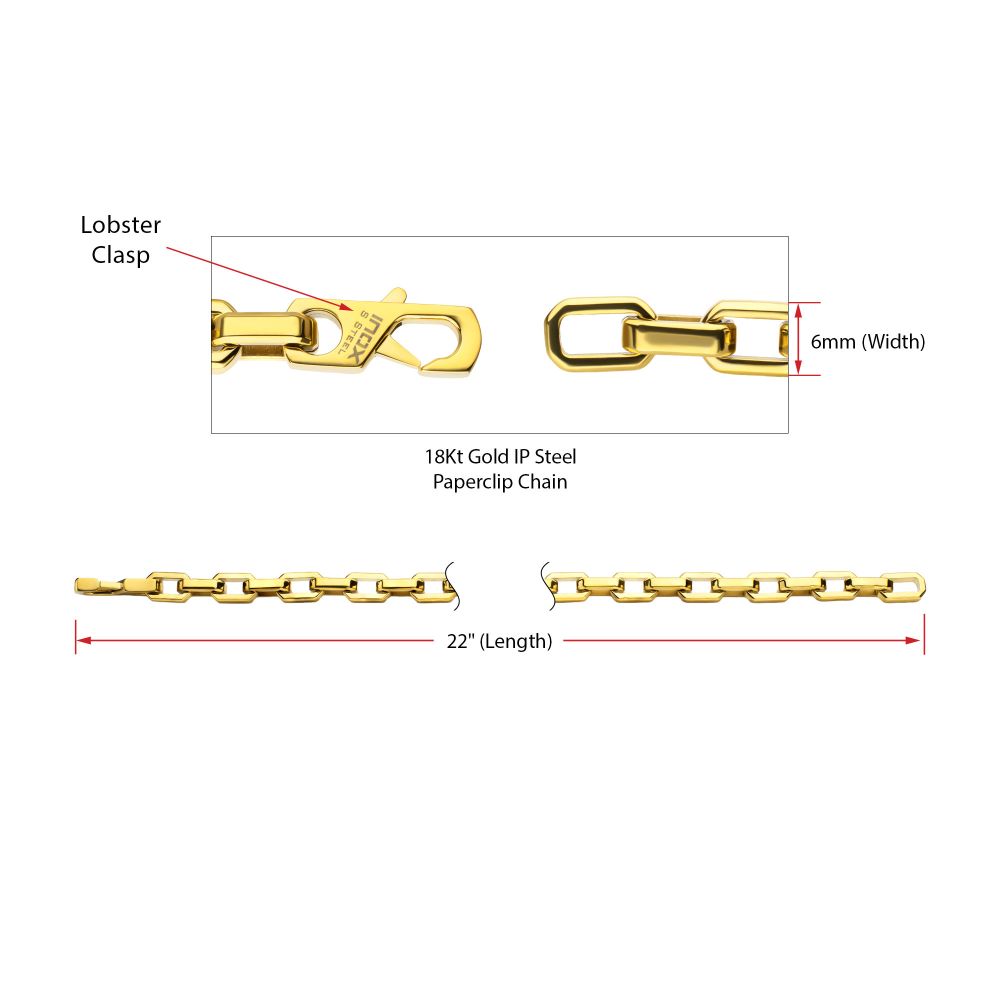 Men's Polished Finish 18Kt Gold IP Steel Paperclip Chain Necklace - 6mm