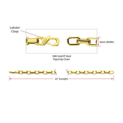 Men's Polished Finish 18Kt Gold IP Steel Paperclip Chain Necklace - 6mm
