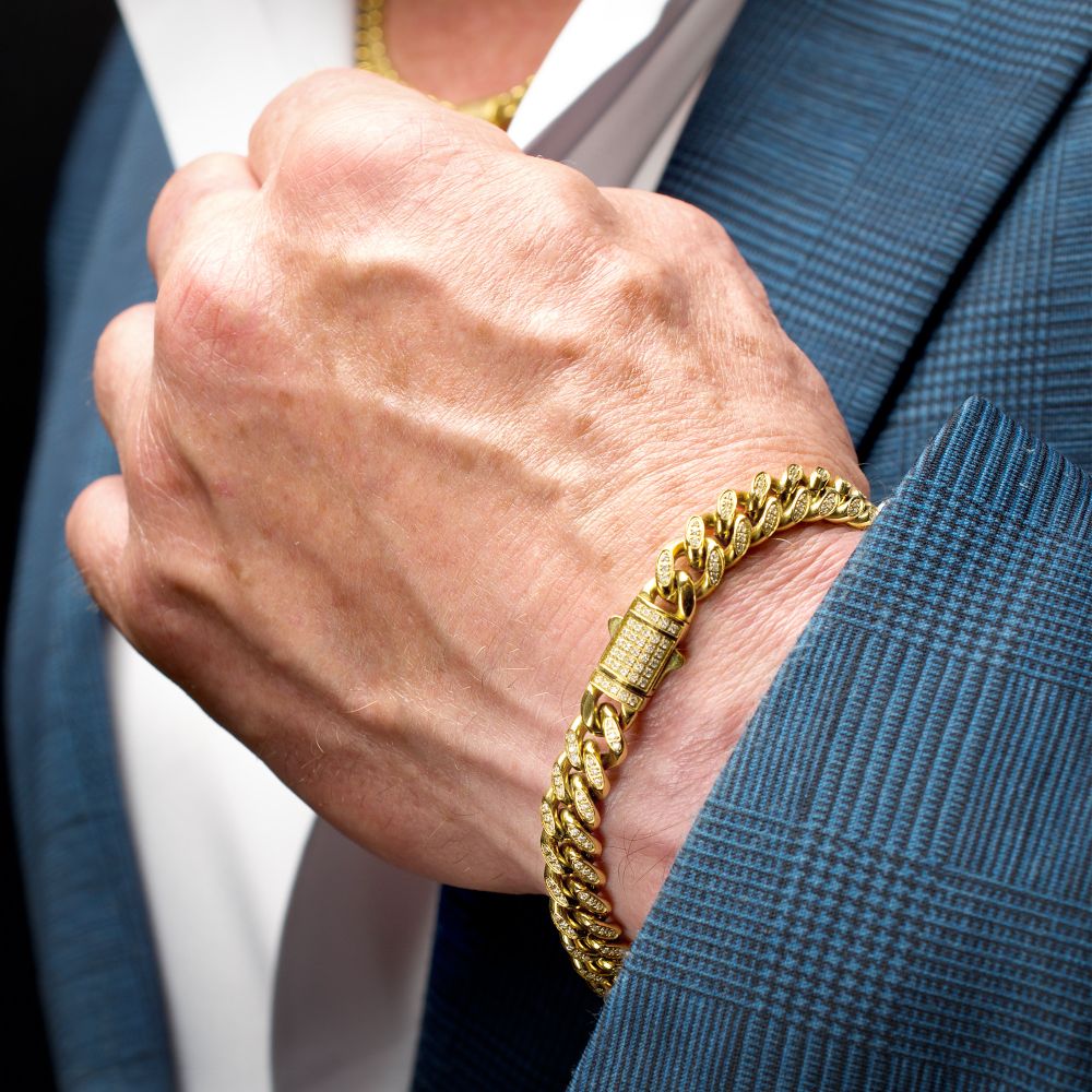 Men's Gold Cuban Chain Bracelet with Diamonds-8mm