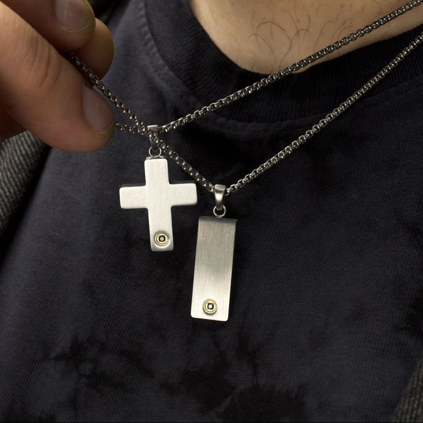 Men's  Black Sapphire Gem on Matte Finish Steel Engravable Vulcan Dog Tag  Pendant - 1.6mm