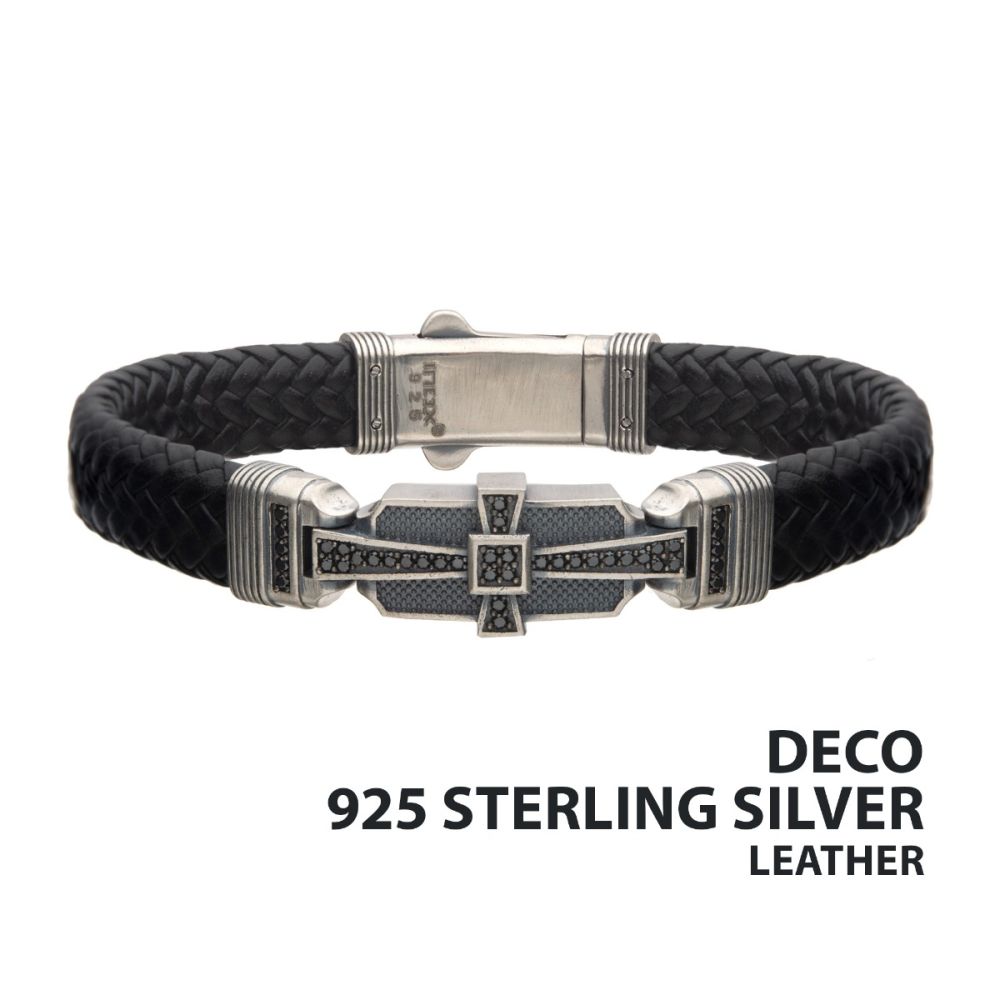 Men's Sterling Silver with Black Braided Leather &  Black Diamond Bracelet