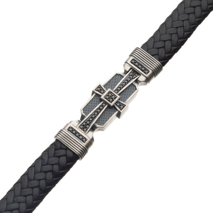 Men's Sterling Silver with Black Braided Leather &  Black Diamond Bracelet