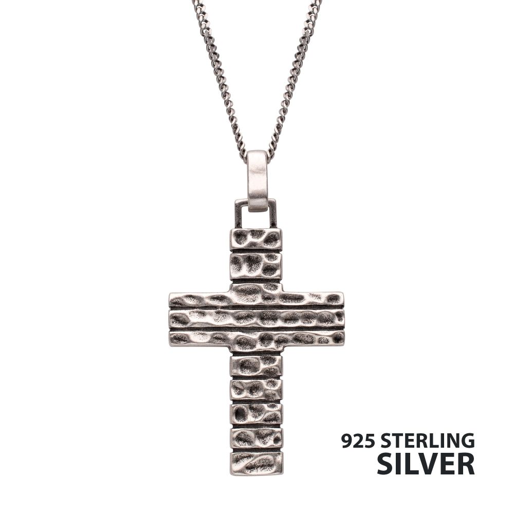 Men's 925 Sterling Silver Hammered Cross Pendant with Antiqued Finish Box Chain.