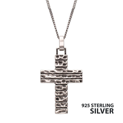 Men's 925 Sterling Silver Hammered Cross Pendant with Antiqued Finish Box Chain.