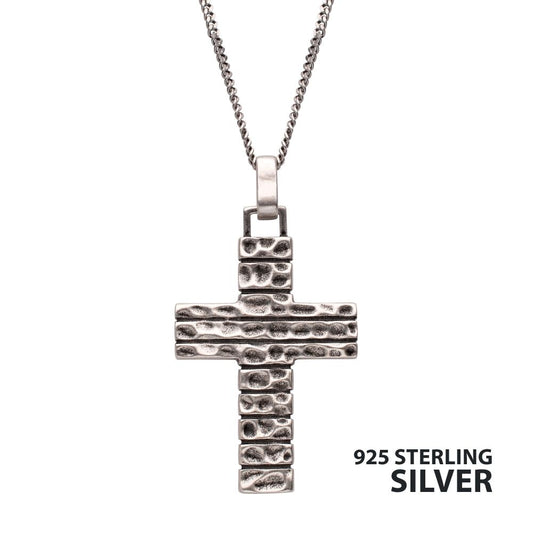 Men's 925 Sterling Silver Hammered Cross Pendant with Antiqued Finish Box Chain.