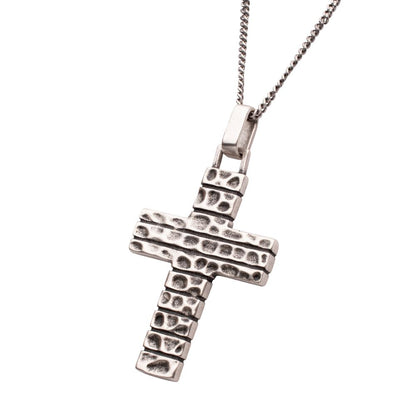 Men's 925 Sterling Silver Hammered Cross Pendant with Antiqued Finish Box Chain.