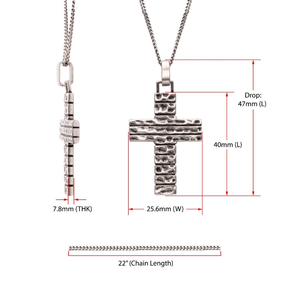 Men's 925 Sterling Silver Hammered Cross Pendant with Antiqued Finish Box Chain.