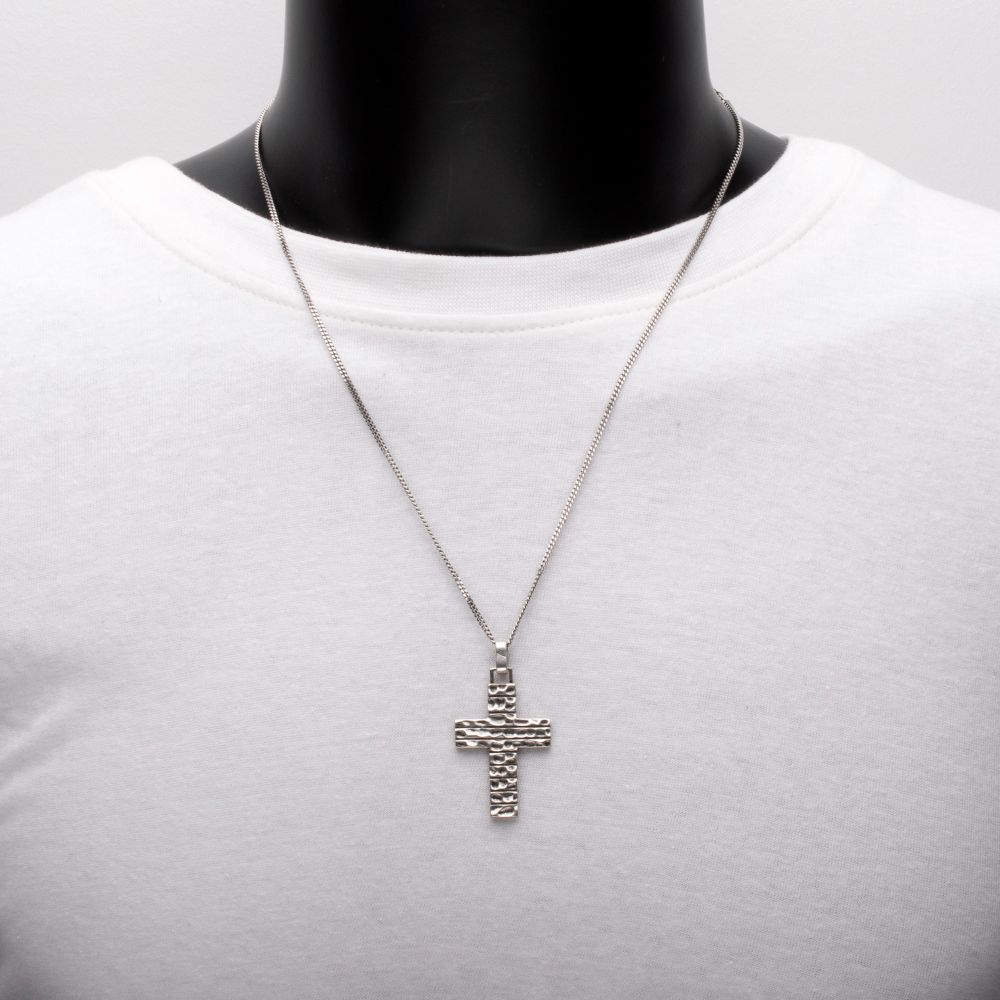Men's 925 Sterling Silver Hammered Cross Pendant with Antiqued Finish Box Chain.