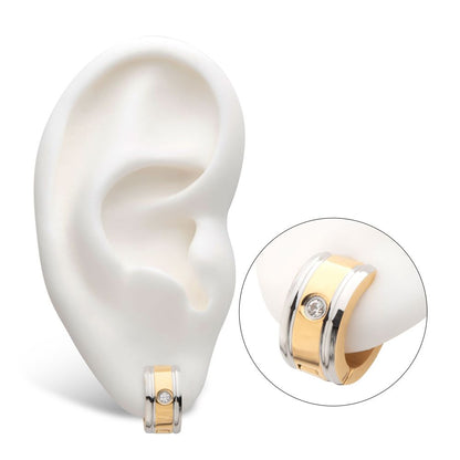 Stainless Steel Gold IP with 1 Clear CZ Gem Huggies Earrings