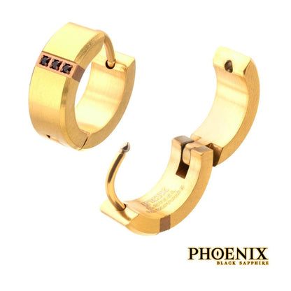 Men's Gold Matte Finish Huggie Earrings with Genuine Black Sapphire