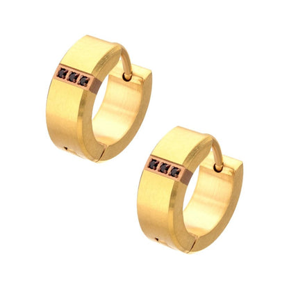 Men's Gold Matte Finish Huggie Earrings with Genuine Black Sapphire