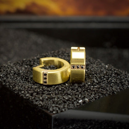 Men's Gold Matte Finish Huggie Earrings with Genuine Black Sapphire