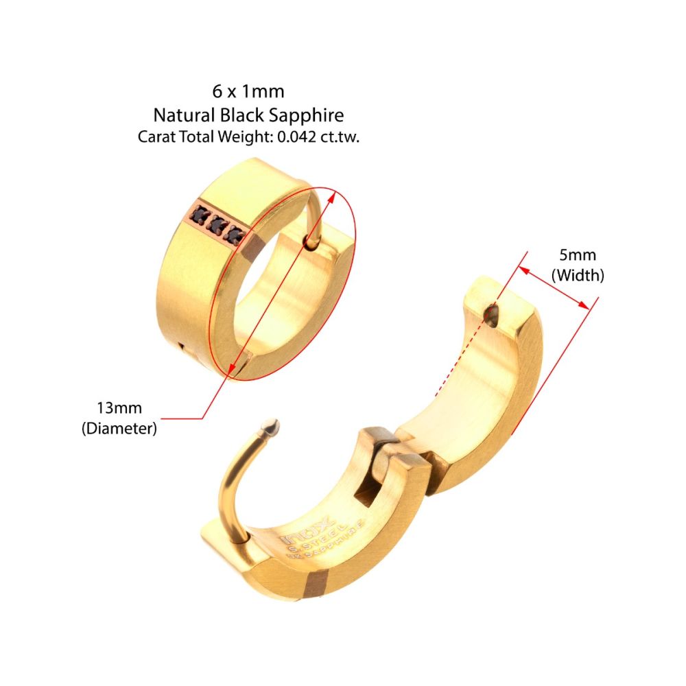 Men's Gold Matte Finish Huggie Earrings with Genuine Black Sapphire