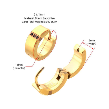 Men's Gold Matte Finish Huggie Earrings with Genuine Black Sapphire