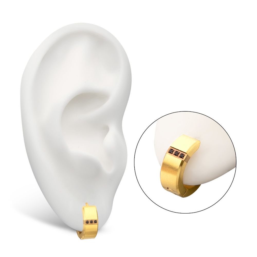 Men's Gold Matte Finish Huggie Earrings with Genuine Black Sapphire