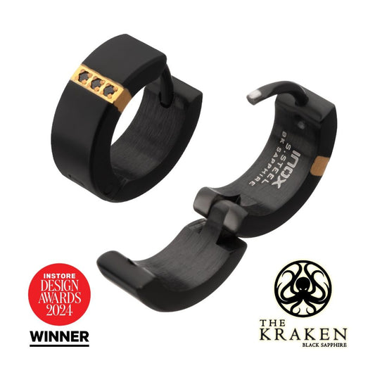 MEN'S Black Matte Finish Kraken Huggie Earrings with 1mm Geniune Black Sapphire Gem