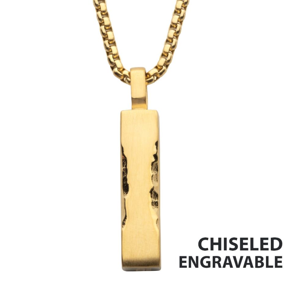 Men's Matte 18Kt Gold IP 35mm Chiseled Engravable Drop Pendant with 22" long box chain.