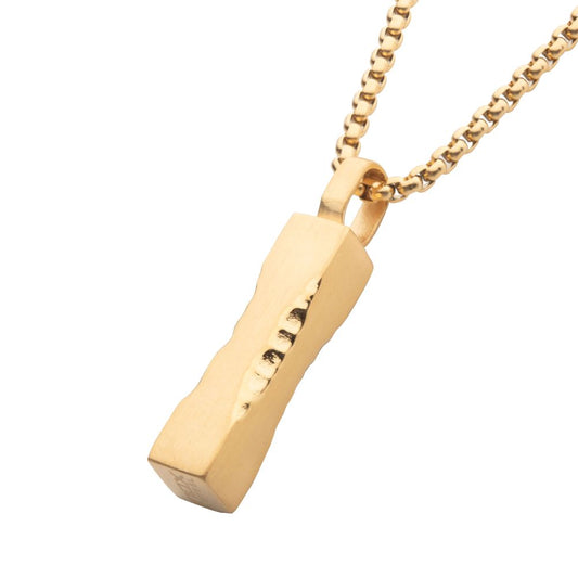 Men's Matte 18Kt Gold IP 35mm Chiseled Engravable Drop Pendant with 22" long box chain.