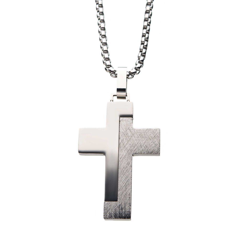 Men's Block-Textured Stainless Steel Cross Pendant