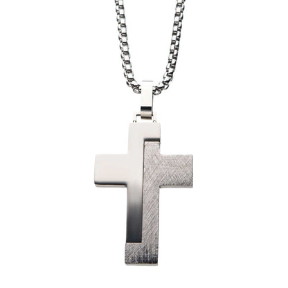 Men's Block-Textured Stainless Steel Cross Pendant