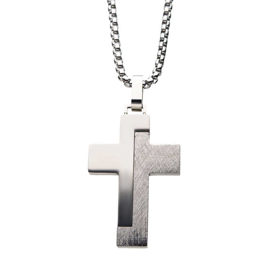 Men's Block-Textured Stainless Steel Cross Pendant