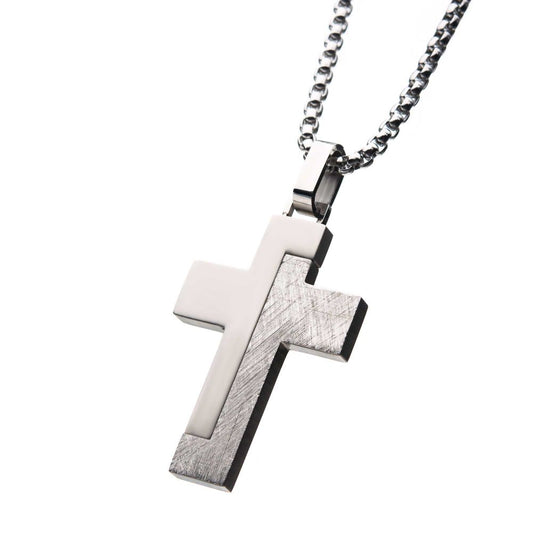 Men's Block-Textured Stainless Steel Cross Pendant
