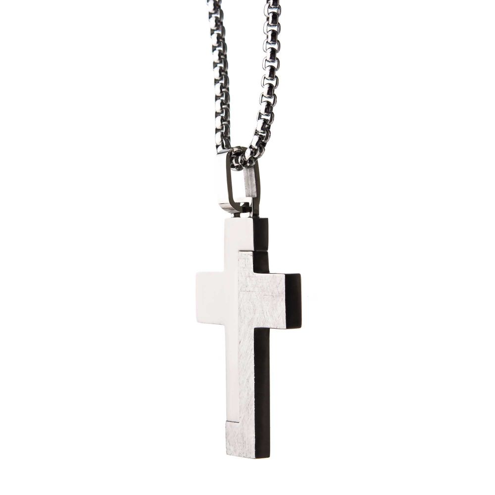 Men's Block-Textured Stainless Steel Cross Pendant