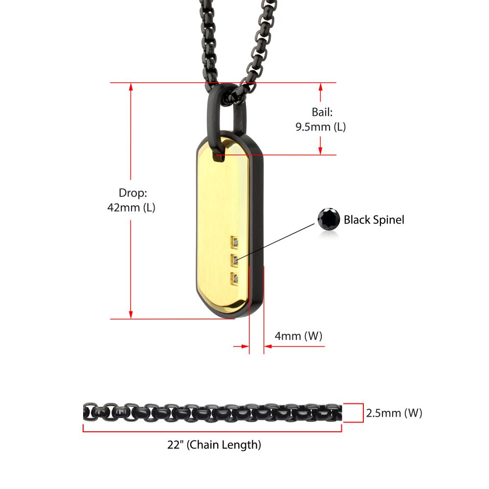 Men's Satin Finish Black Frame Inlay Tag Pendant with 3 Black Spinel