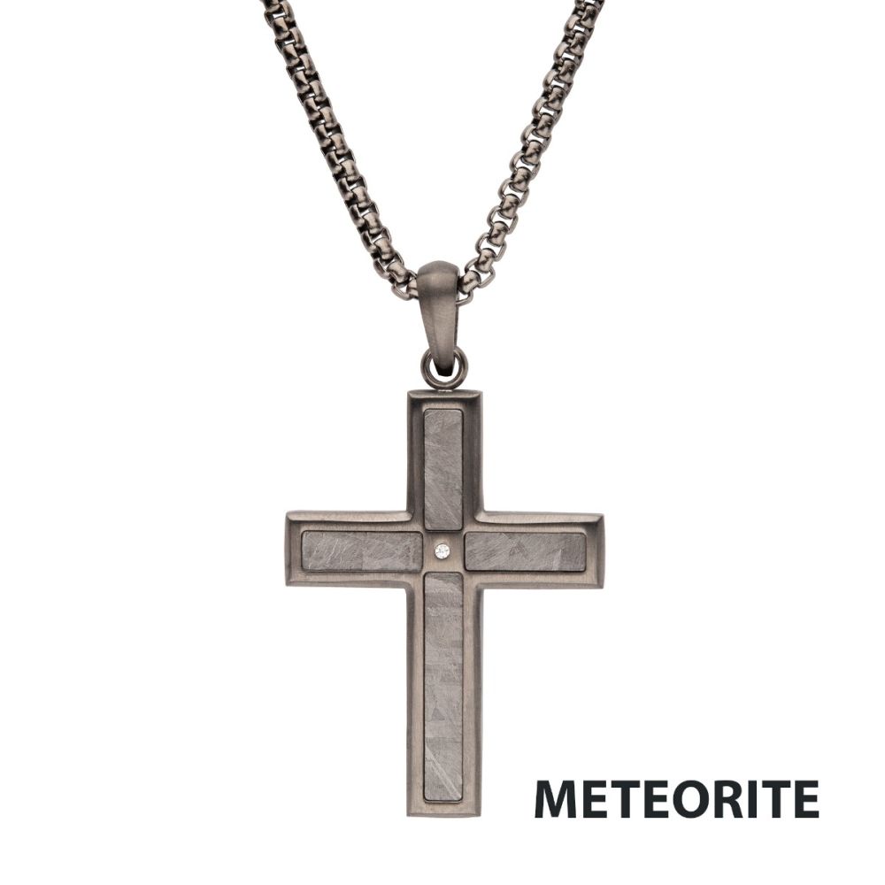 Men's Gun Metal Matte Finish Meteorite Inlay Cross Pendant