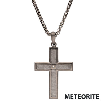 Men's Gun Metal Matte Finish Meteorite Inlay Cross Pendant
