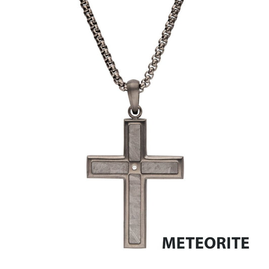 Men's Gun Metal Matte Finish Meteorite Inlay Cross Pendant