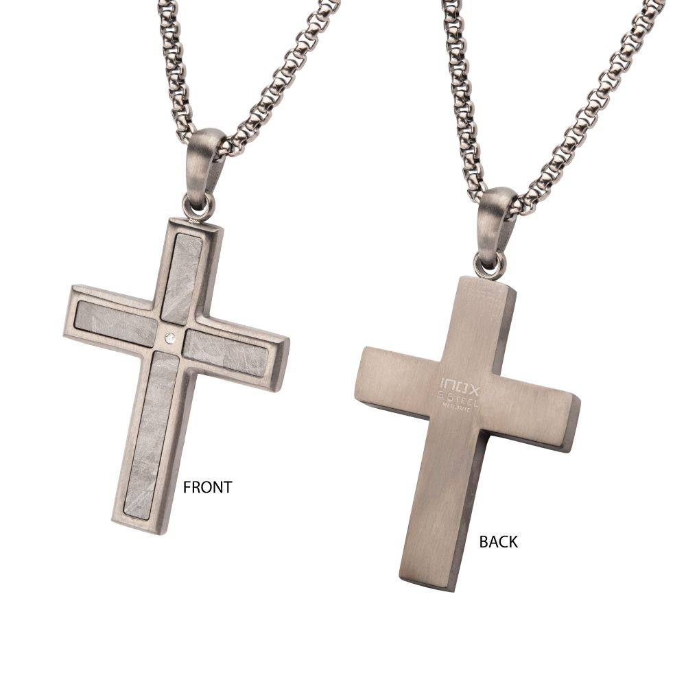 Men's Gun Metal Matte Finish Meteorite Inlay Cross Pendant