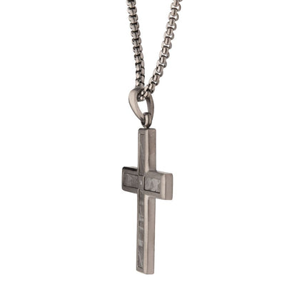 Men's Gun Metal Matte Finish Meteorite Inlay Cross Pendant