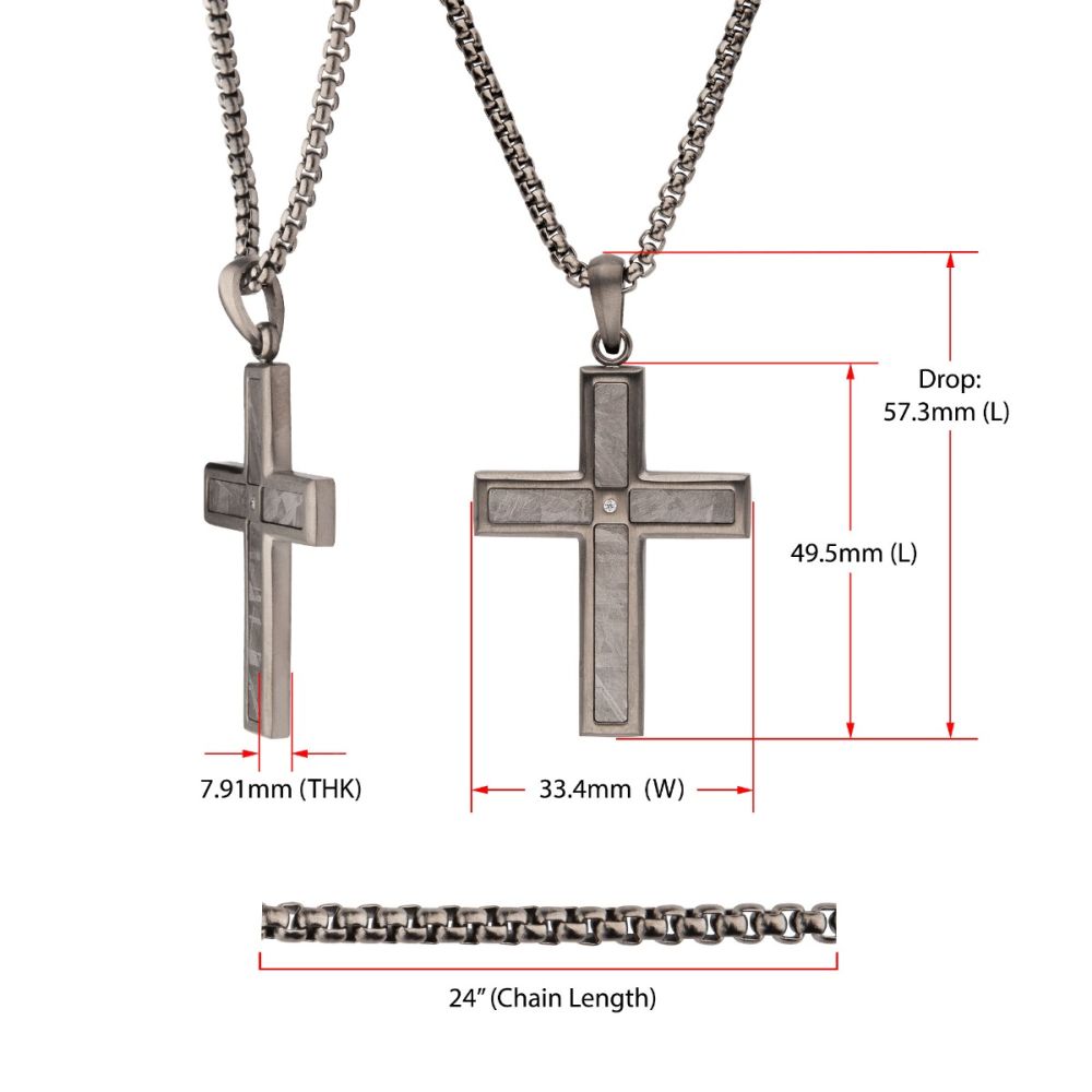 Men's Gun Metal Matte Finish Meteorite Inlay Cross Pendant