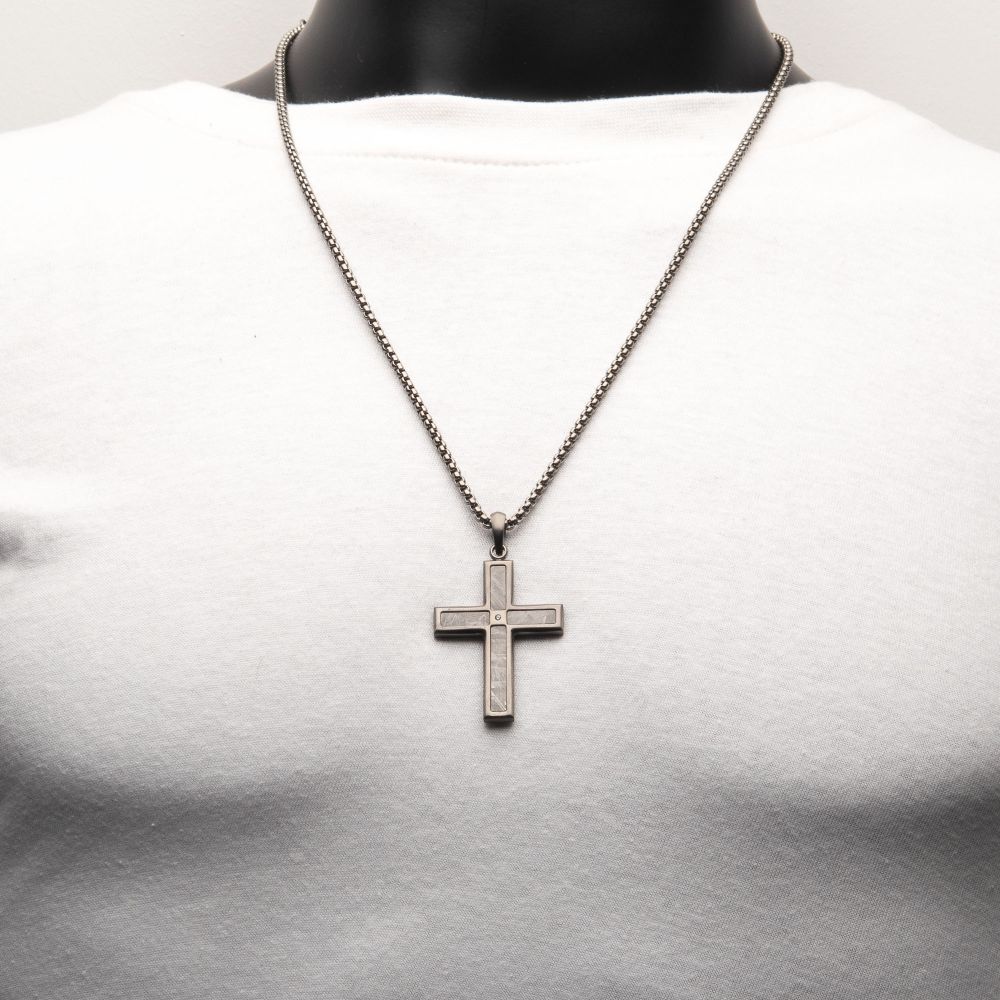 Men's Gun Metal Matte Finish Meteorite Inlay Cross Pendant