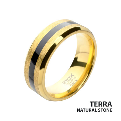 18Kt Gold IP Titanium Matte Black Onyx Stone Inlay Comfort Fit Ring