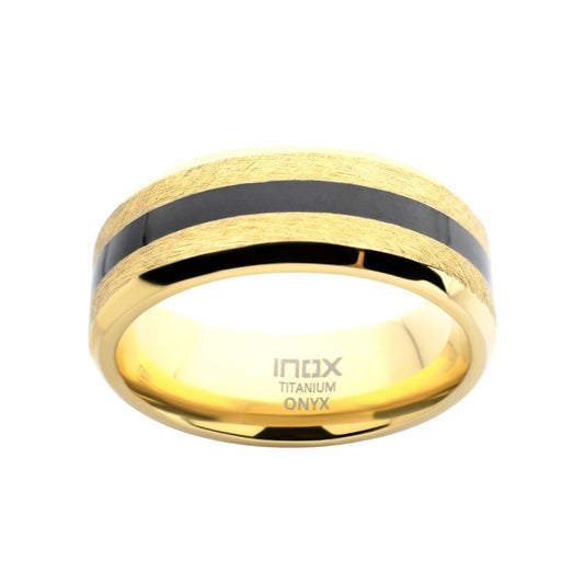 18Kt Gold IP Titanium Matte Black Onyx Stone Inlay Comfort Fit Ring