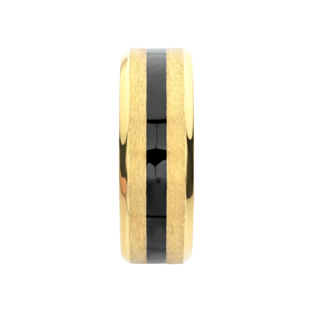 18Kt Gold IP Titanium Matte Black Onyx Stone Inlay Comfort Fit Ring