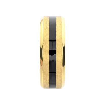 18Kt Gold IP Titanium Matte Black Onyx Stone Inlay Comfort Fit Ring