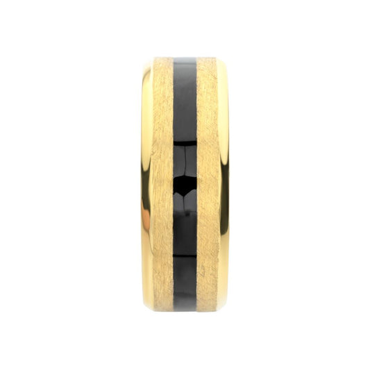 18Kt Gold IP Titanium Matte Black Onyx Stone Inlay Comfort Fit Ring
