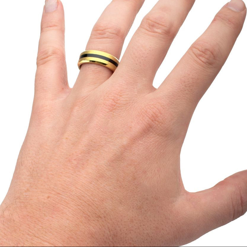 18Kt Gold IP Titanium Matte Black Onyx Stone Inlay Comfort Fit Ring