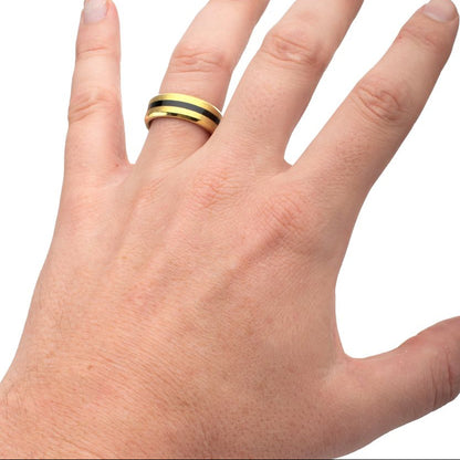 18Kt Gold IP Titanium Matte Black Onyx Stone Inlay Comfort Fit Ring