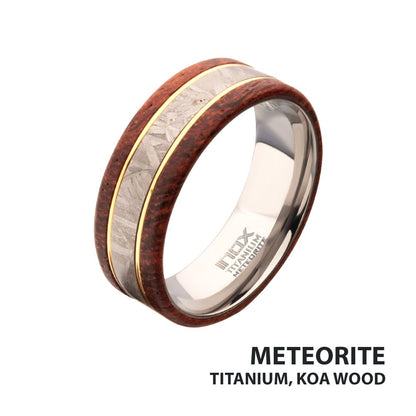 Men's Titanium, Meteorite & Koa Wood Inlay Ring - 8mm