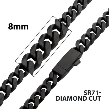 Men's Black Titanium Matte Finish Diamond Cut Cuban Chain Necklace - 8mm