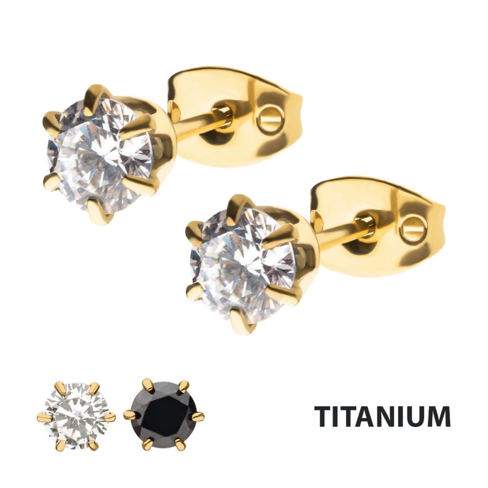 20g 24Kt Gold IP Titanium Post and Butterfly Back with 6-Prong Gem Stud Earrings