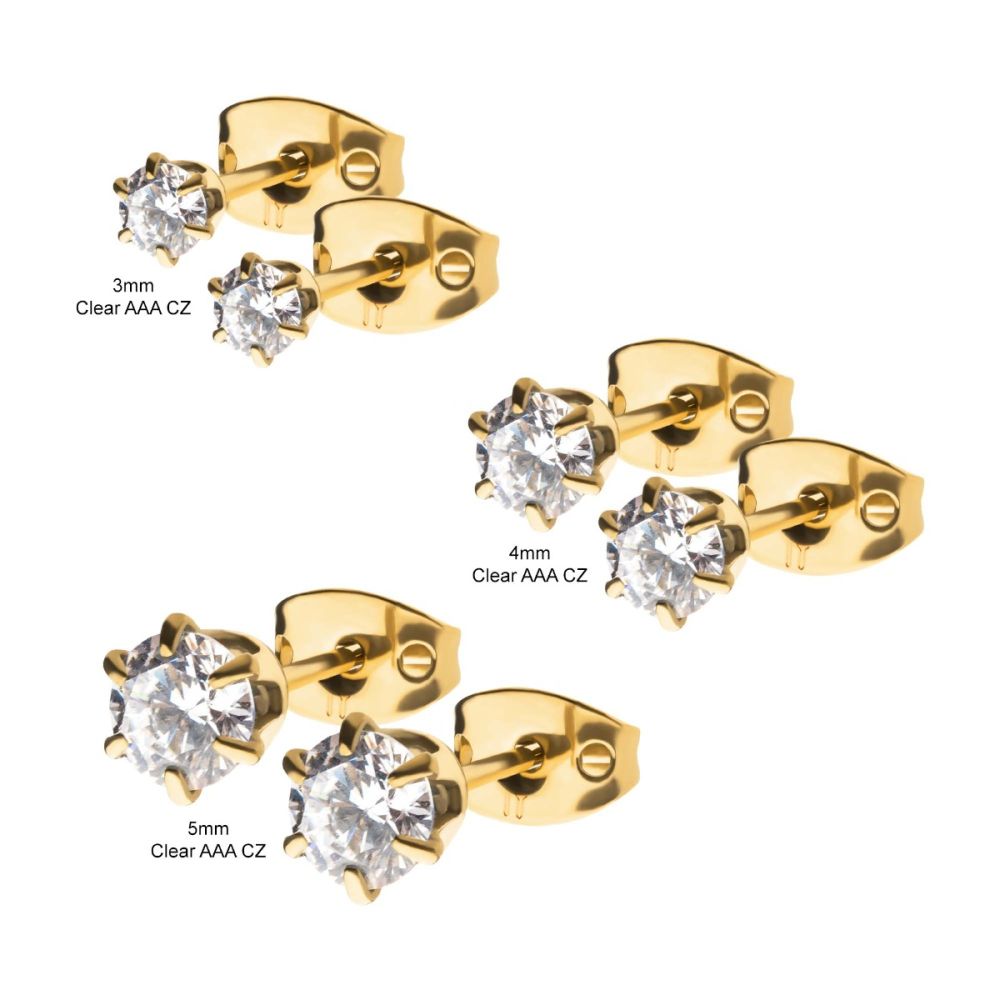 20g 24Kt Gold IP Titanium Post and Butterfly Back with 6-Prong Gem Stud Earrings