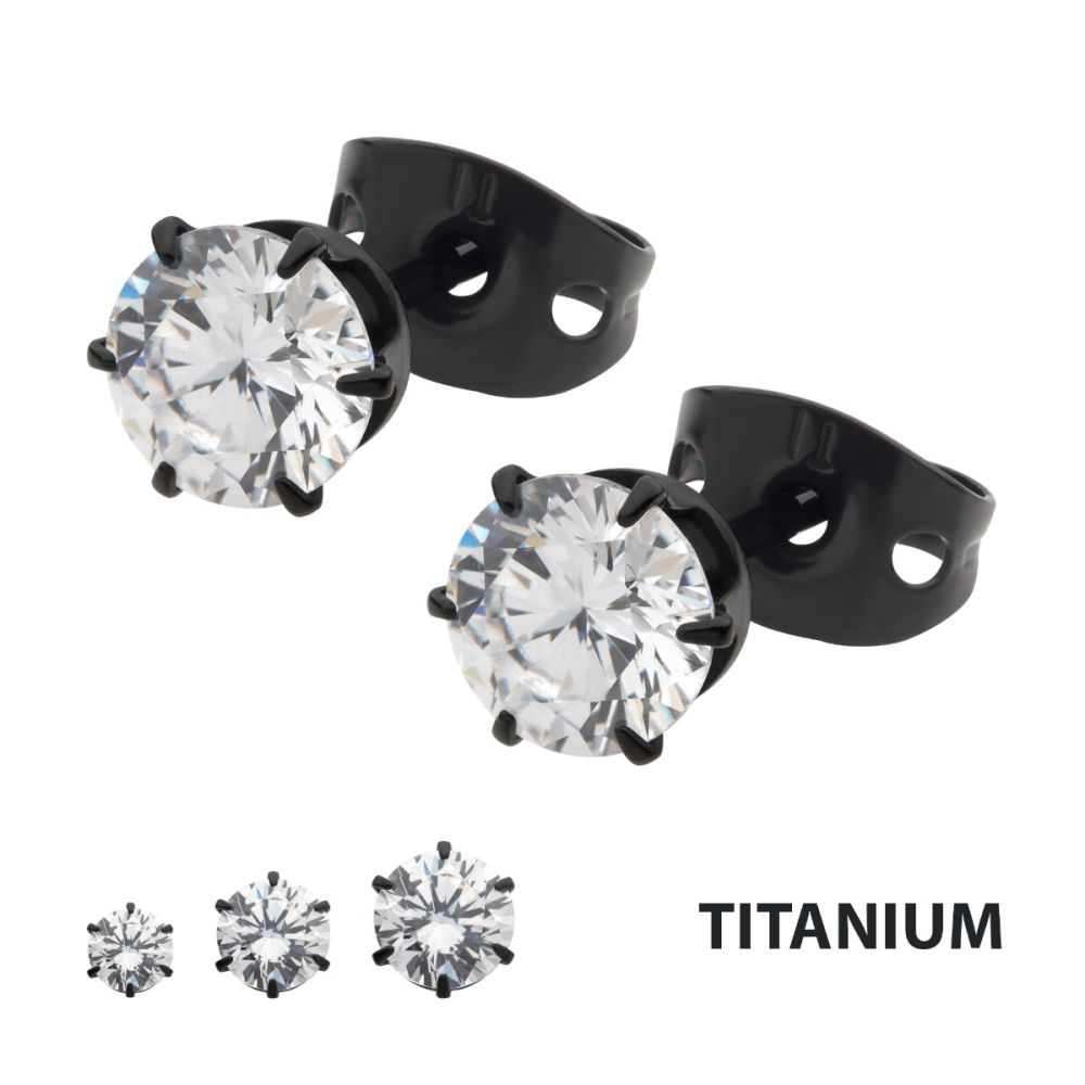 Black Titanium Post and Butterfly Back with 6-Prong Gem Stud Earrings